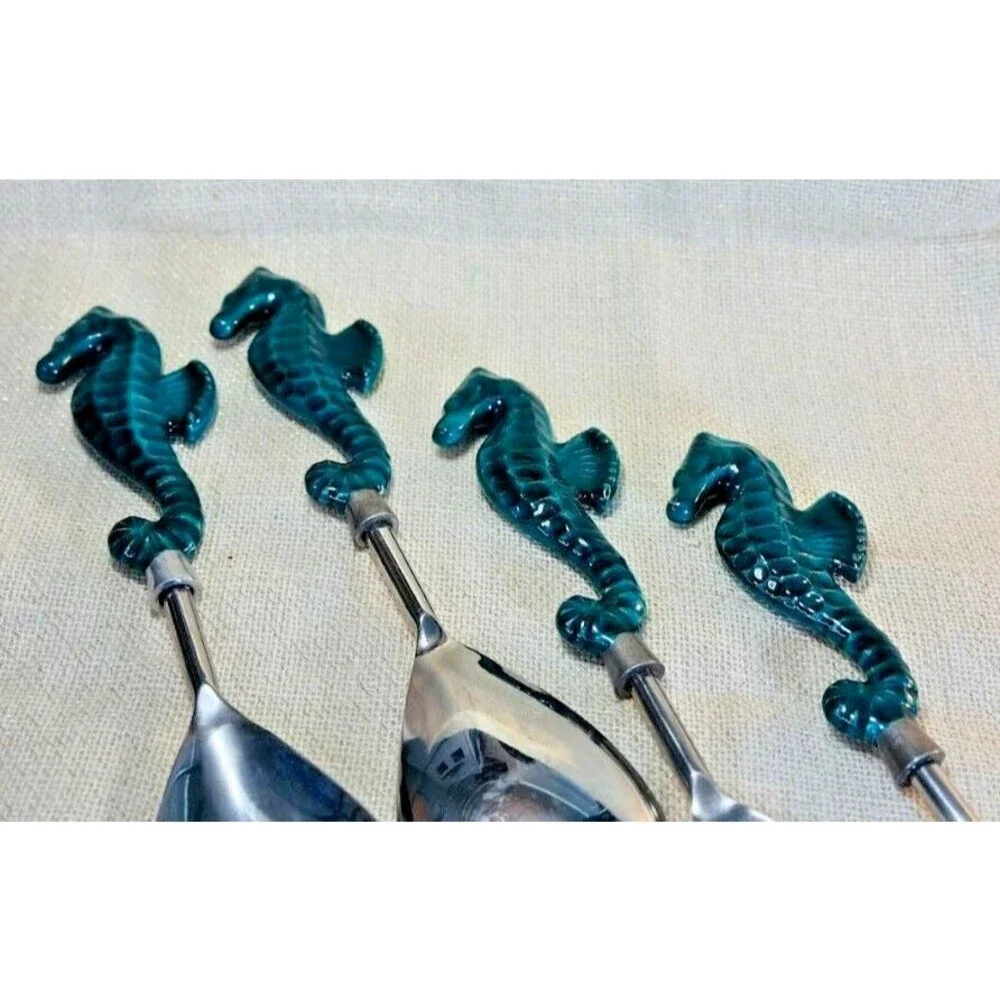 4 Turquoise Silver Seahorse Salad Fork/Spoon Set Party Beach Ocean Large 12 x 3